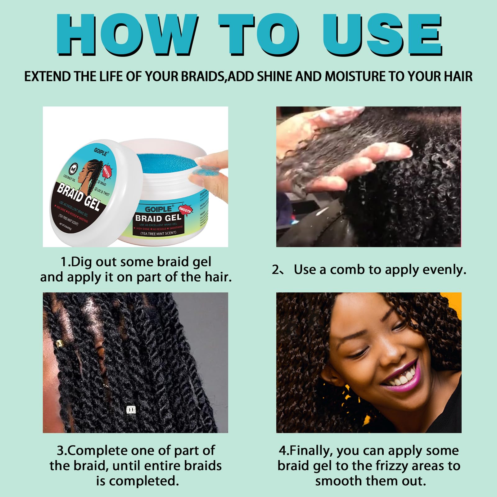 Shiny finish highlights clean, groomed braids and locs.