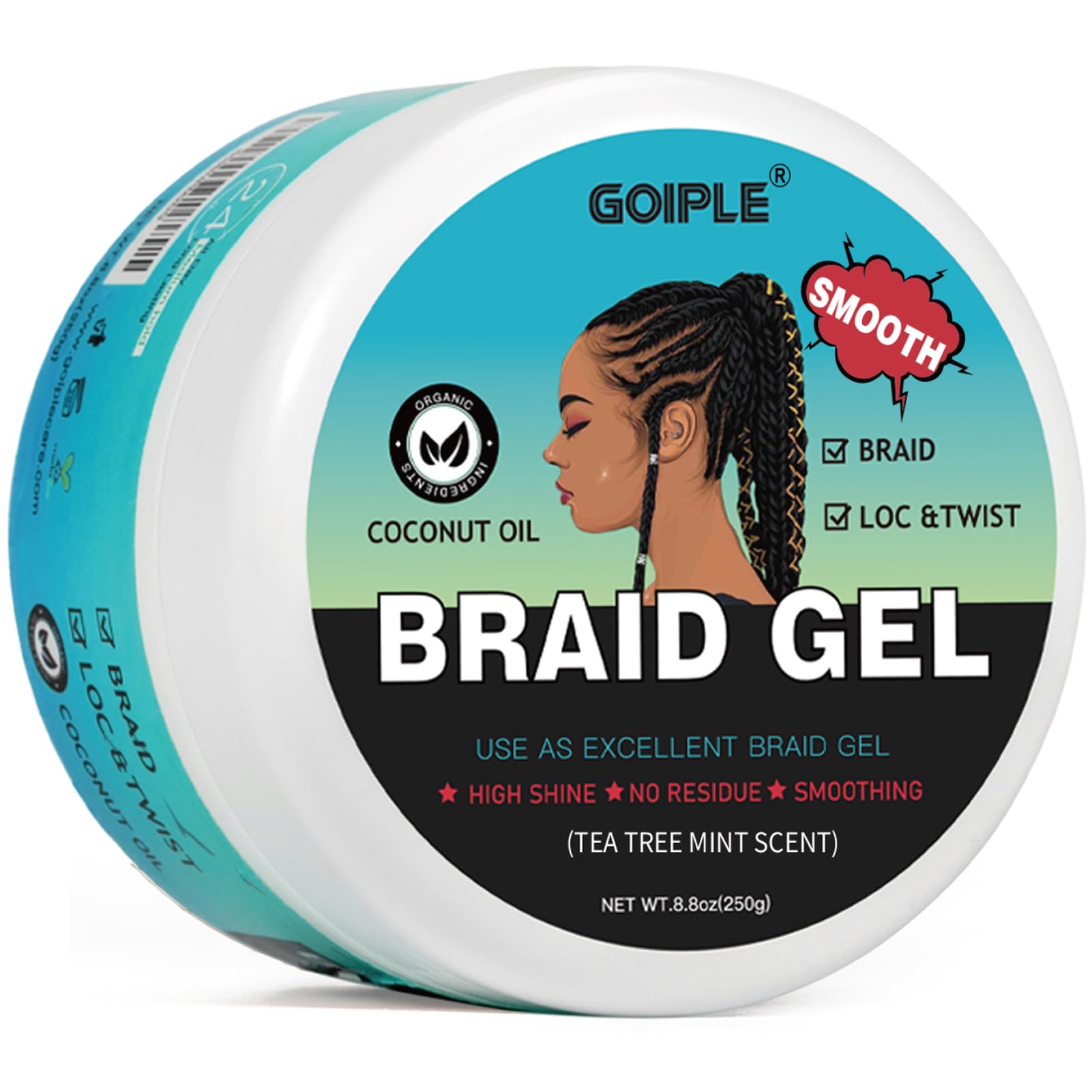 Goiple Braid & Loc Gel tea tree bottle for long-lasting hold and shine.