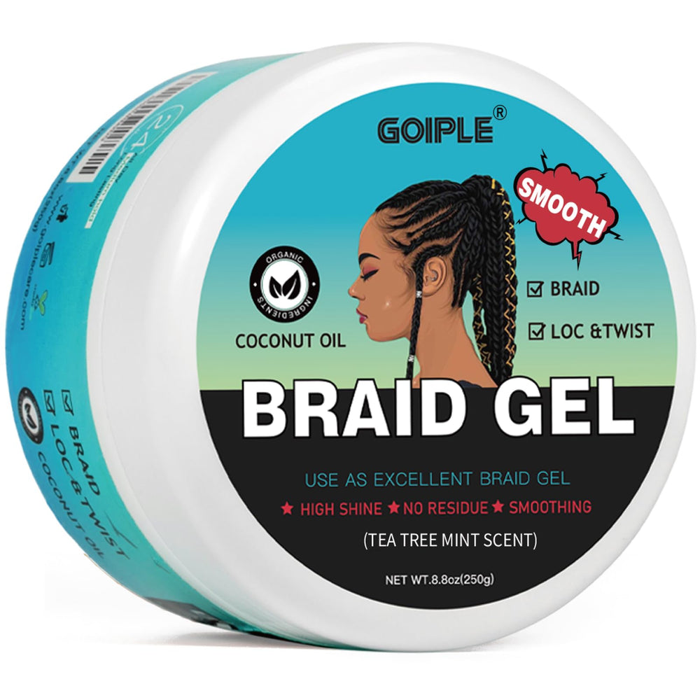 Goiple Braid & Loc Gel tea tree bottle for long-lasting hold and shine.