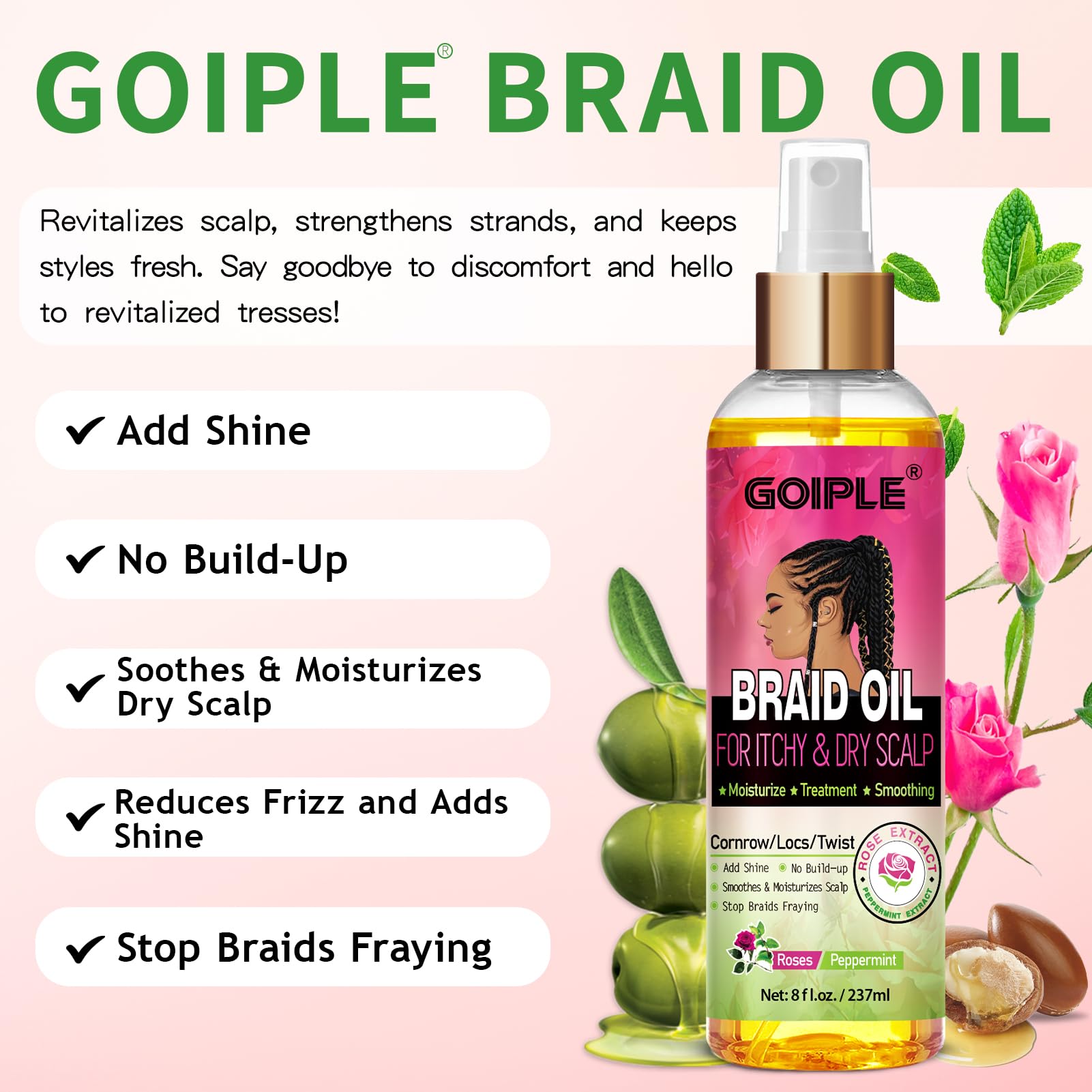 Goiple Braid Oil moisturizes dry scalp keeping braids soft.