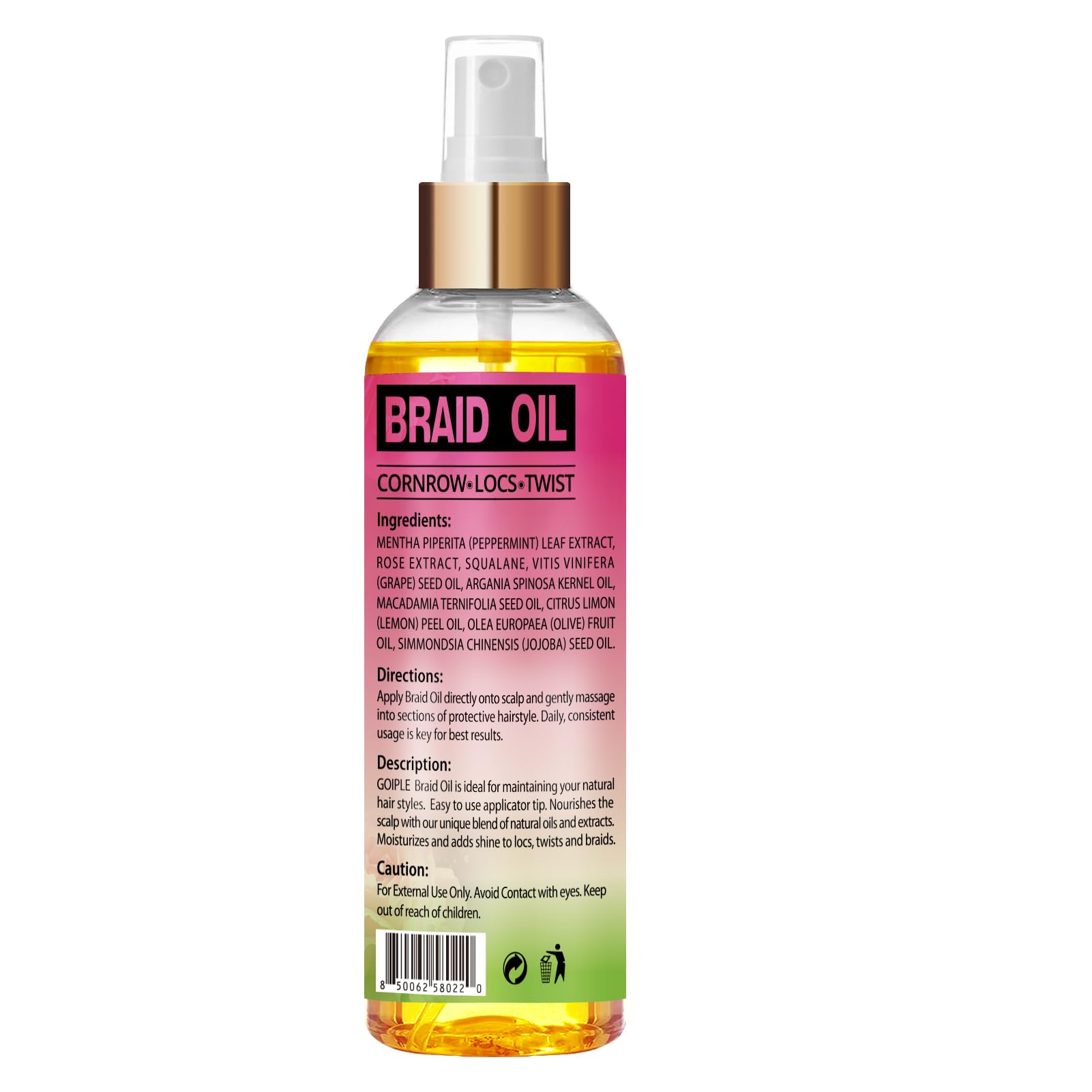 Goiple Braid Oil easy application with pump for quick touch-ups.