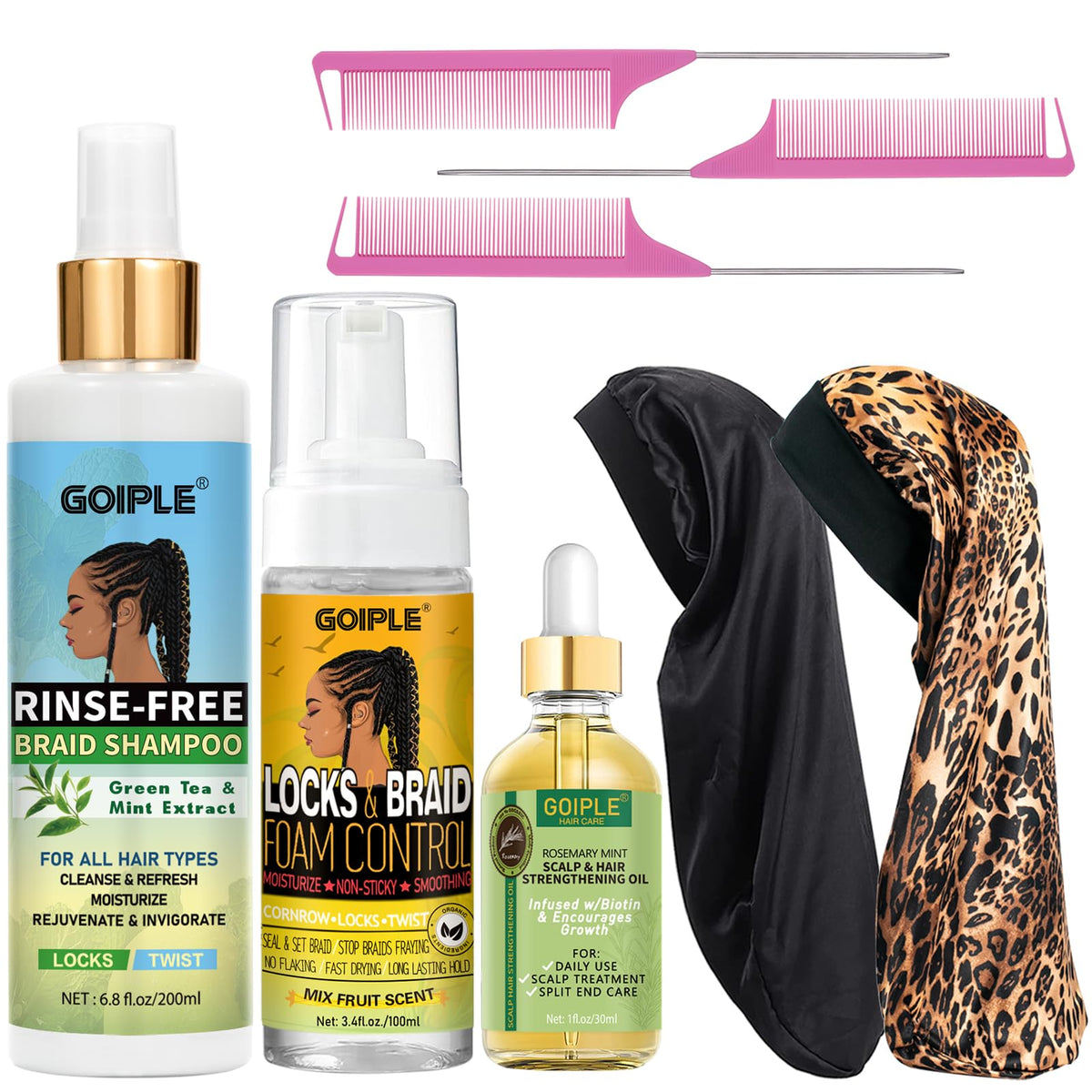 Goiple braid rinse-free shampoo bottle demonstrates waterless cleansing for locs.