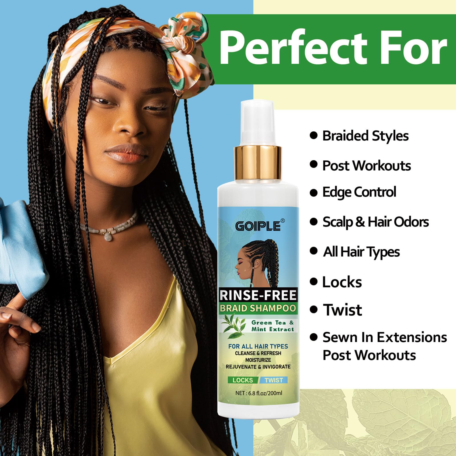 Goiple Braid Shampoo hair-refresh shown for rejuvenated protective styles.