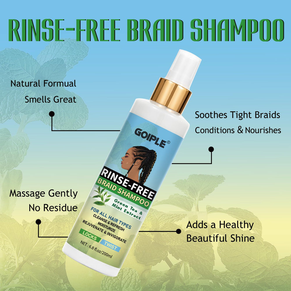 Goiple Braid Shampoo no-rinse formula provides rinse-free cleansing for twists and weaves.