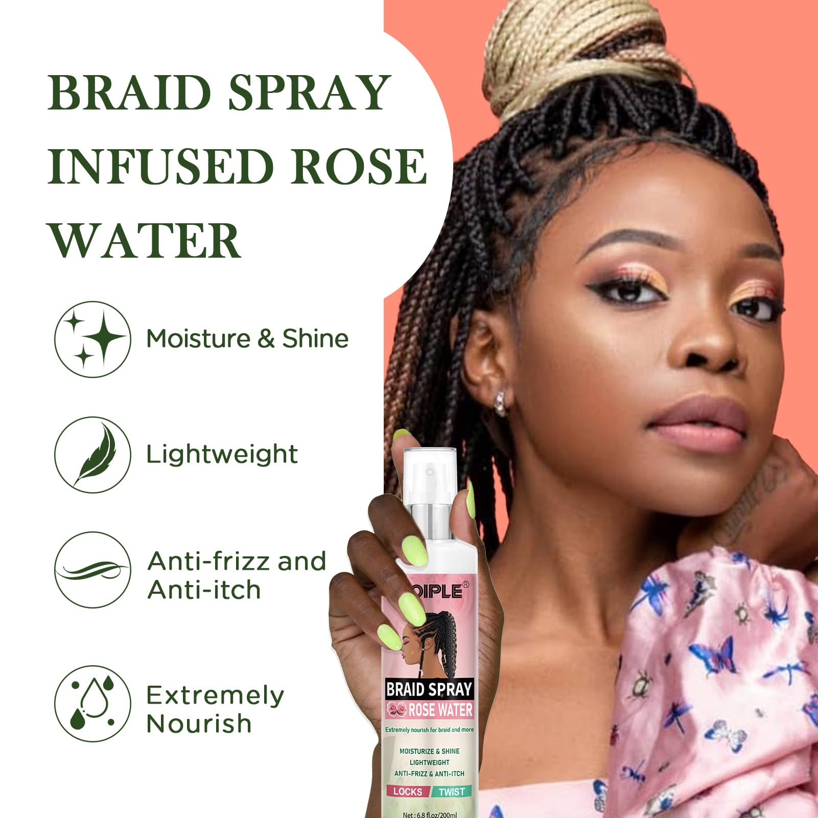 Goiple Braid Spray Rose Mint ingredients highlight natural rose water benefits.