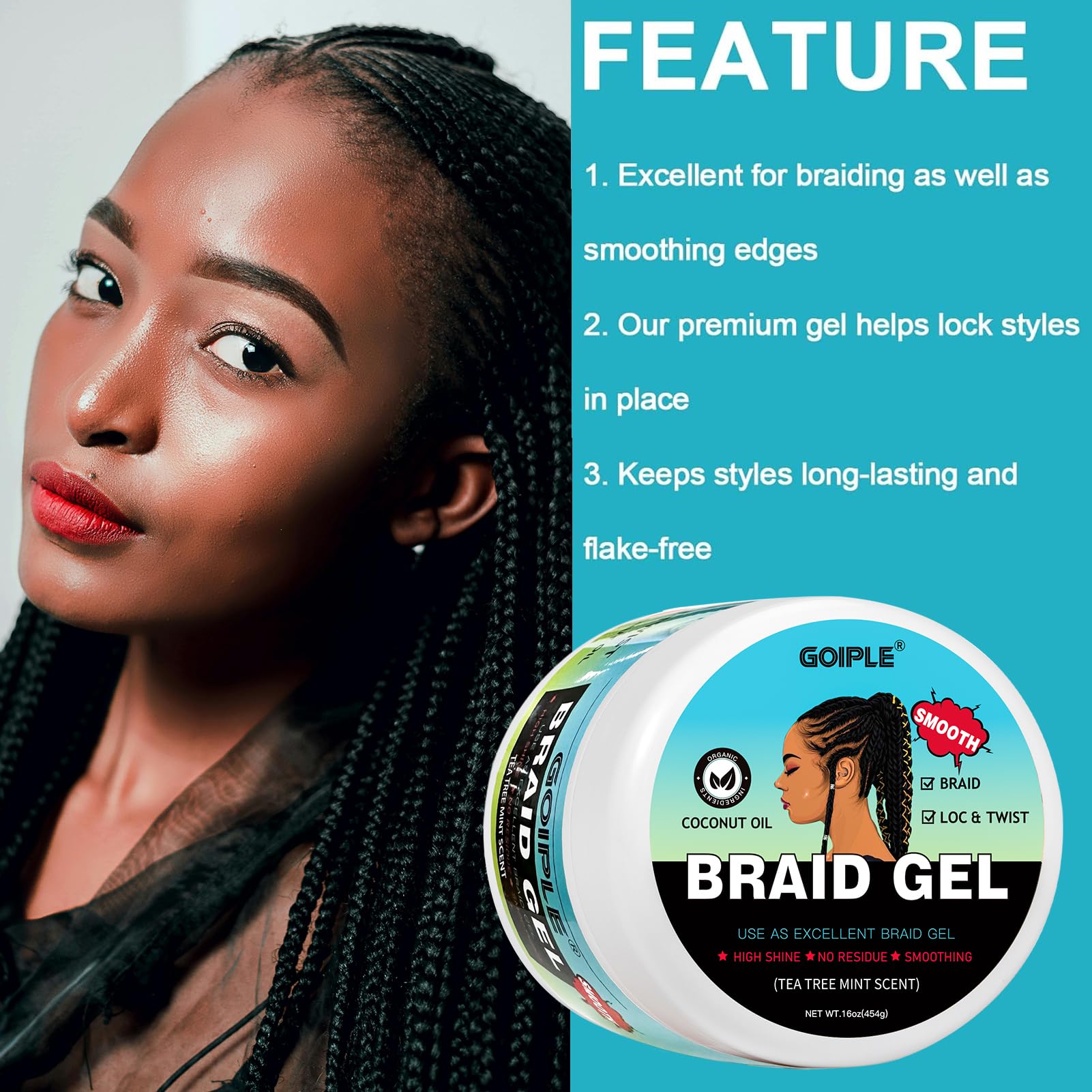 Goiple frizz-smoothing effect keeps hair sleek during braiding
