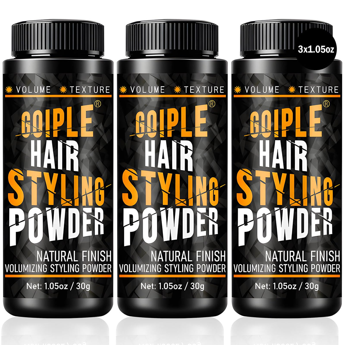 Goiple hair styling powder jar shows natural volume and texture for fuller hair.