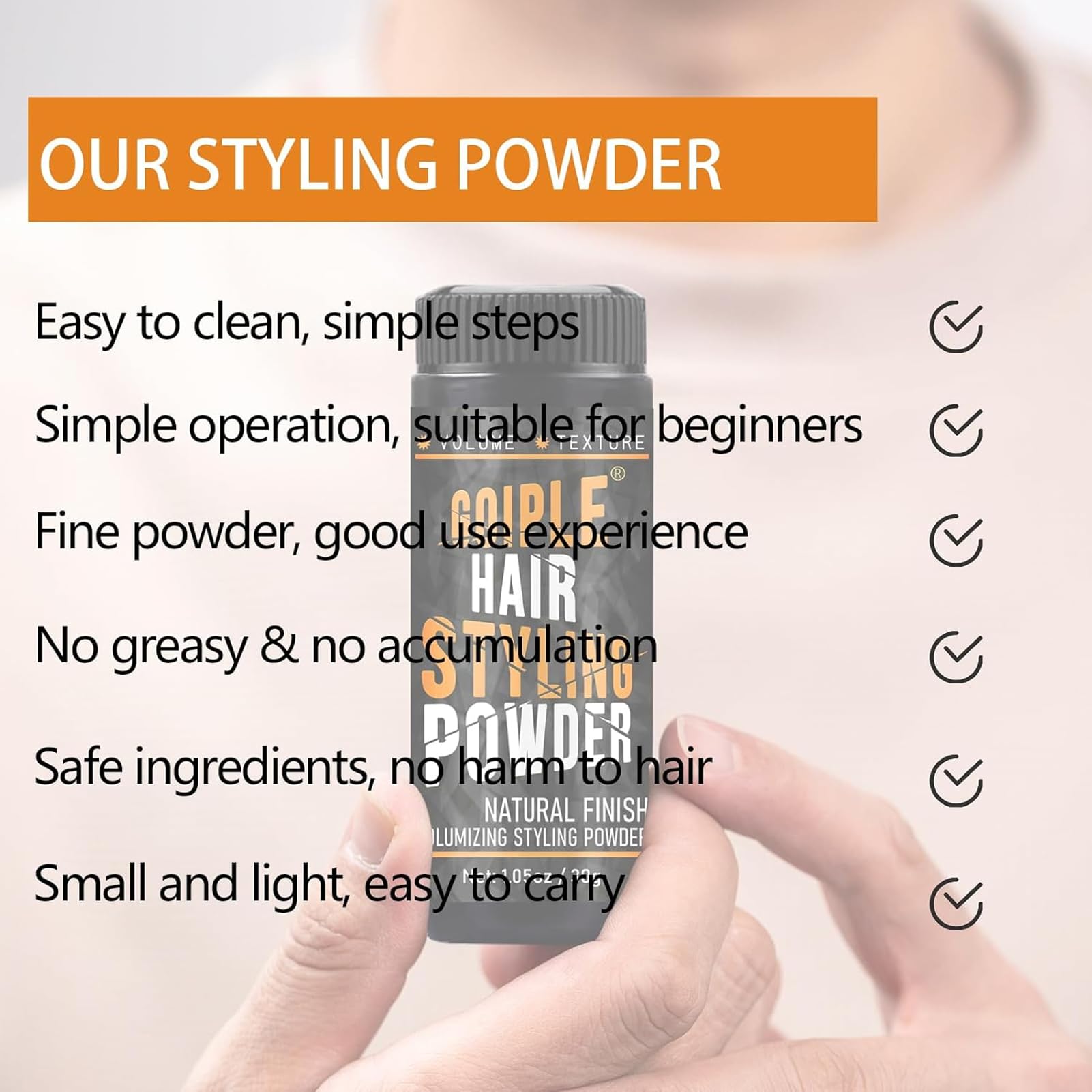 Goiple hair styling powder texture application on hair for a natural matte finish.