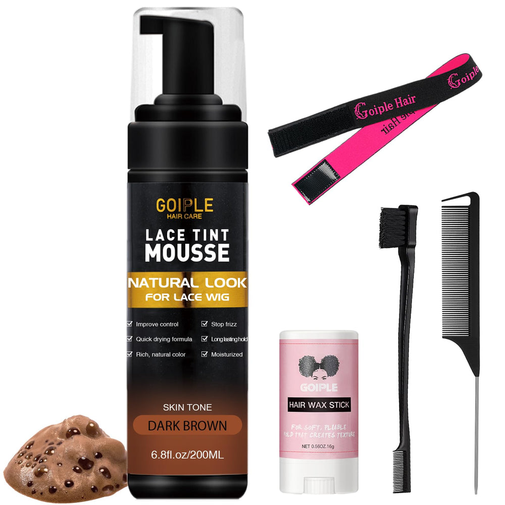 Goiple Lace Tint Melting Mousse bottle shows precise tinting for lace wigs.