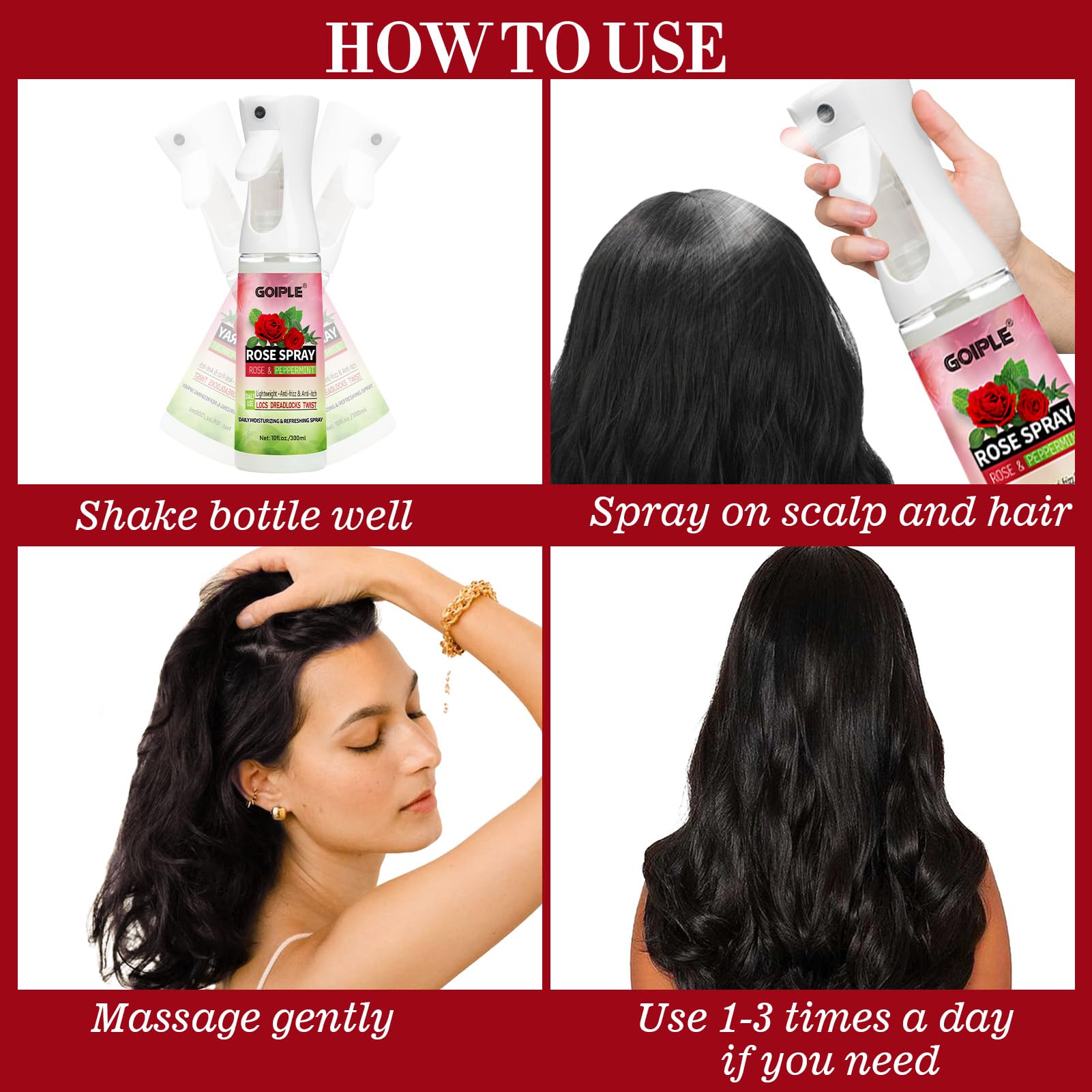 Goiple Rose Water Loc Spray boosts shine and manageability of locs.