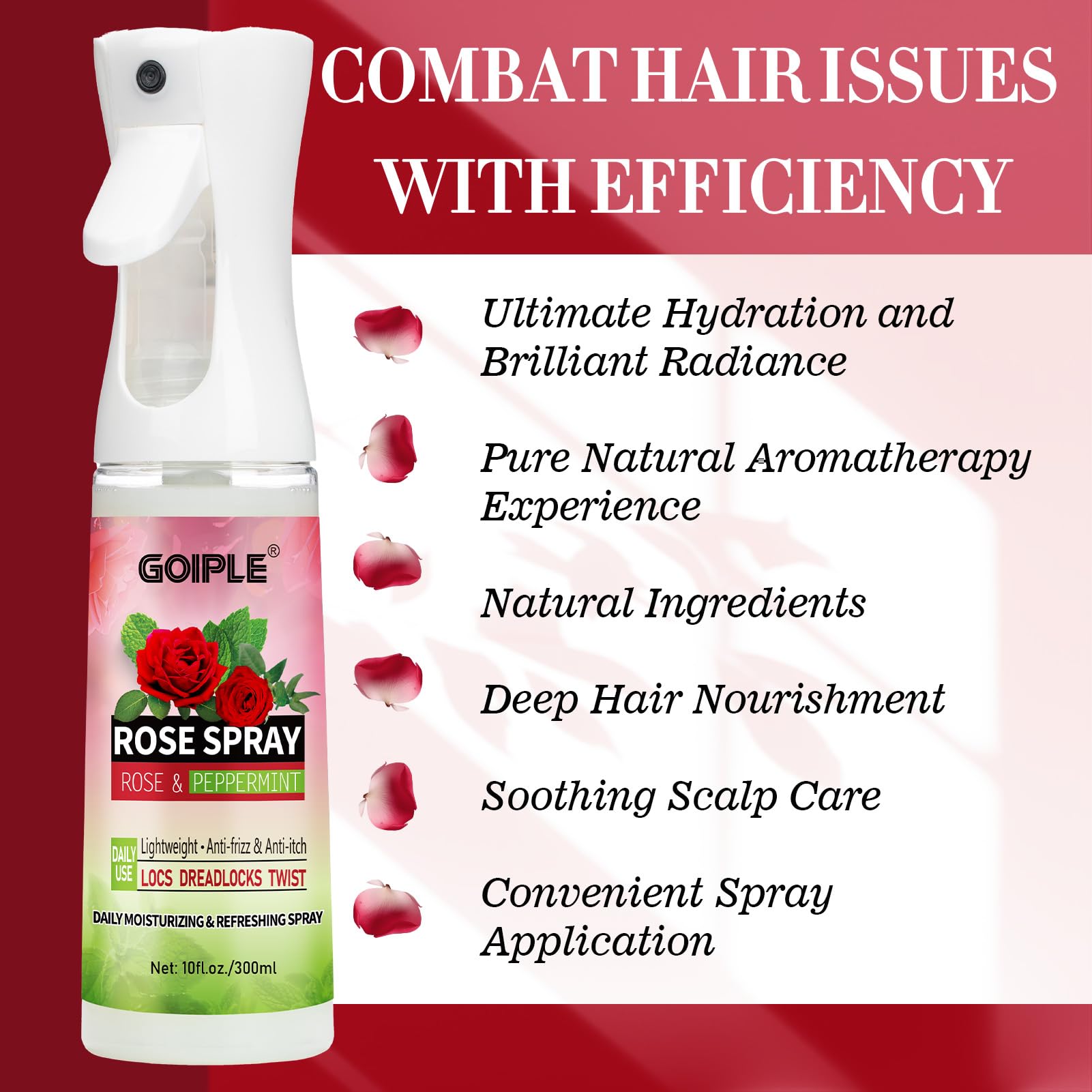 Goiple Rose Water Loc Spray on the scalp provides cooling refreshment.