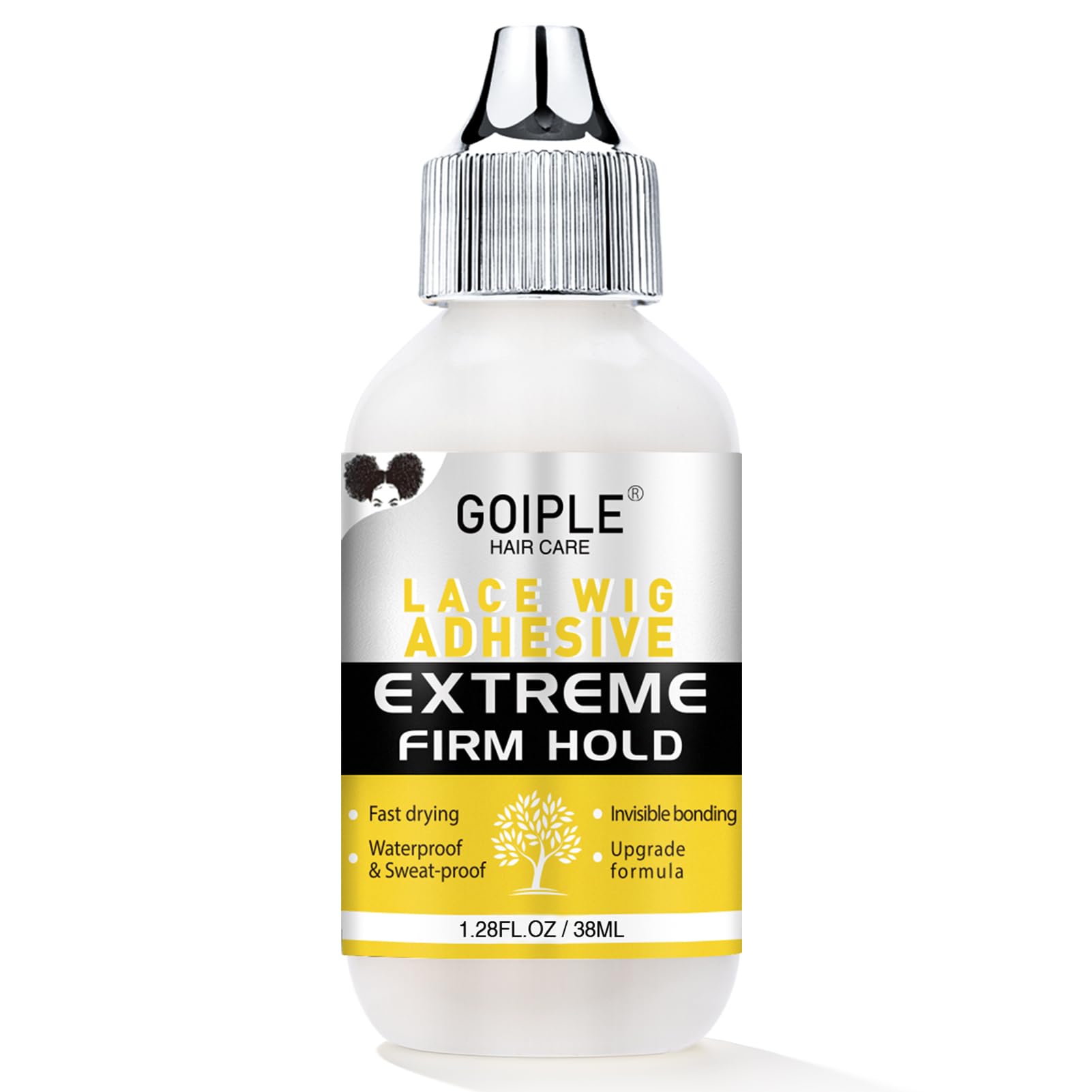 Goiple wig glue bottle close-up showing waterproof, invisible lace-front bond.