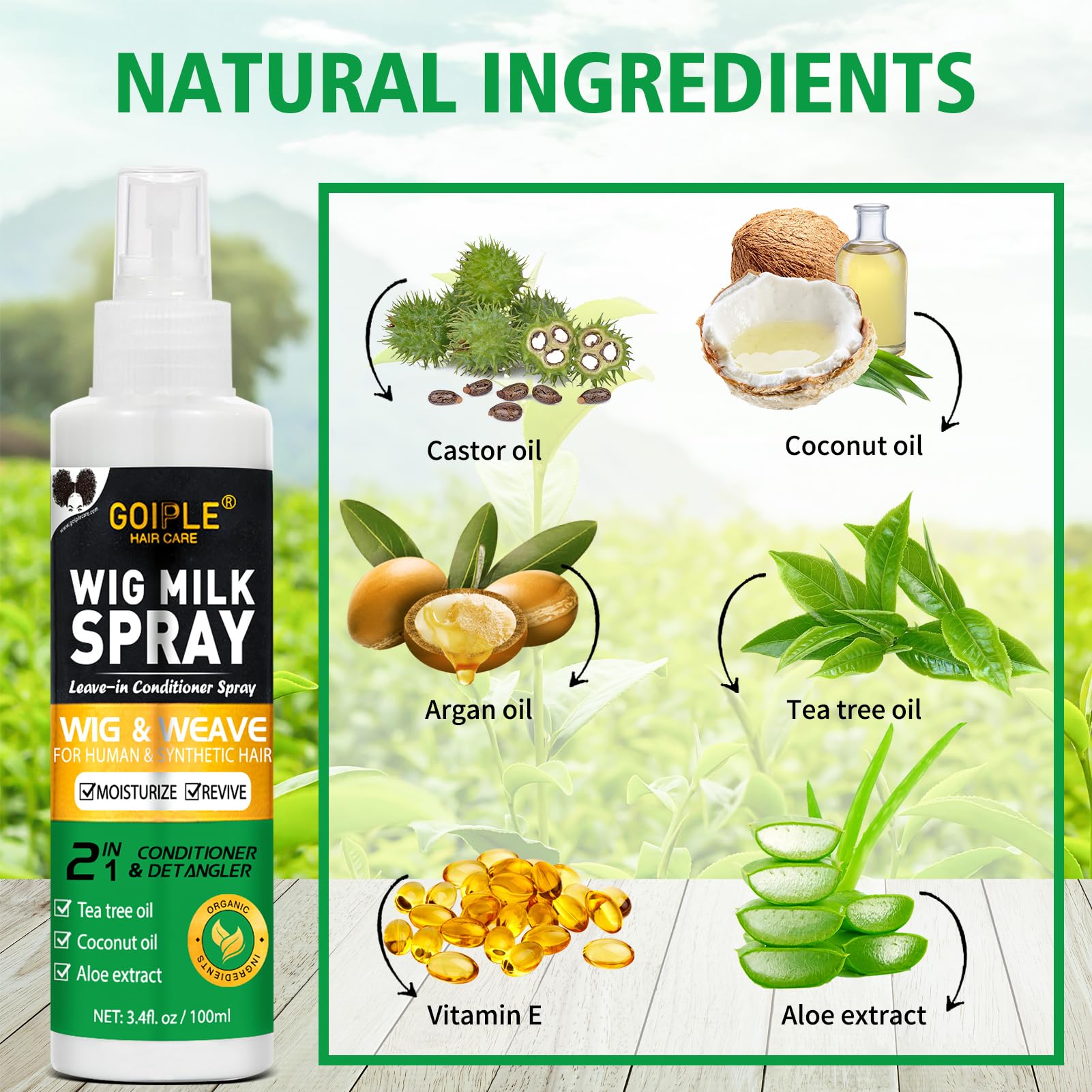 Goiple Wig Milk Spray ingredients close-up highlighting tea tree oil and coconut oil