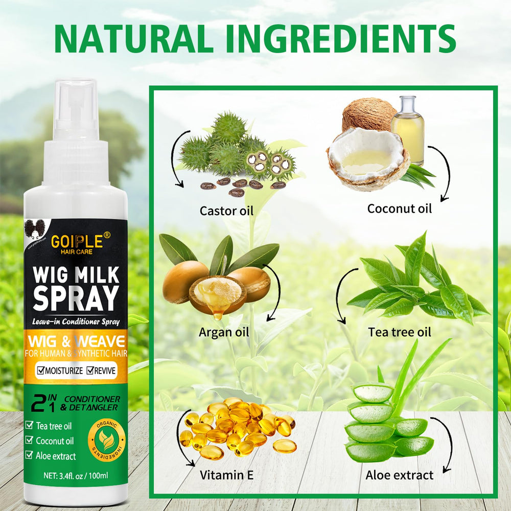 Goiple Wig Milk Spray ingredients close-up highlighting tea tree oil and coconut oil