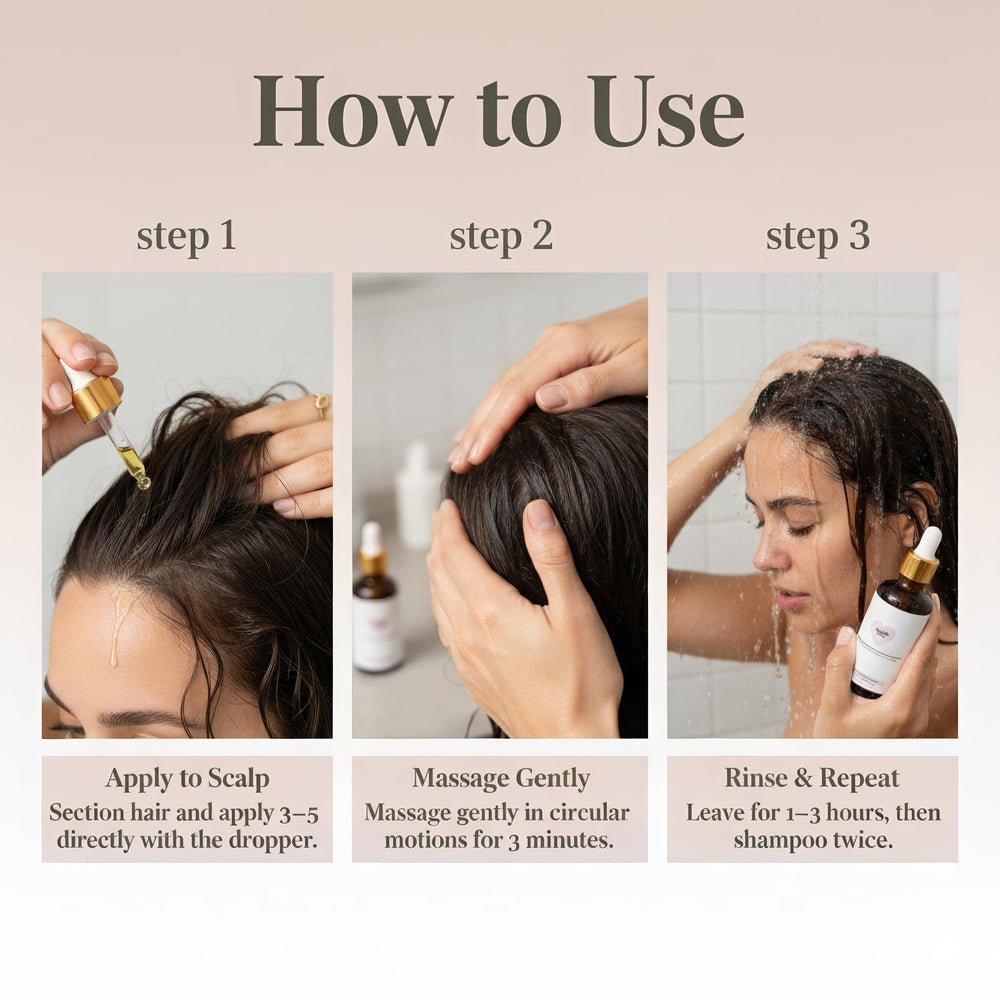 Golab Beauty hair oil dropper applying 3–5 drops to scalp for nourishment