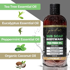 Gold BJJ Submission Soap bottle showing tea tree oil presence for refreshing care.