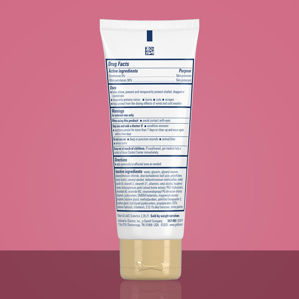 Gold Bond label closeup revealing seven moisturizers and aloe.