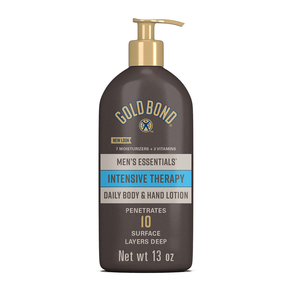 Gold Bond Men’s Essentials Lotion 13 oz pump for daily dry skin hydration.