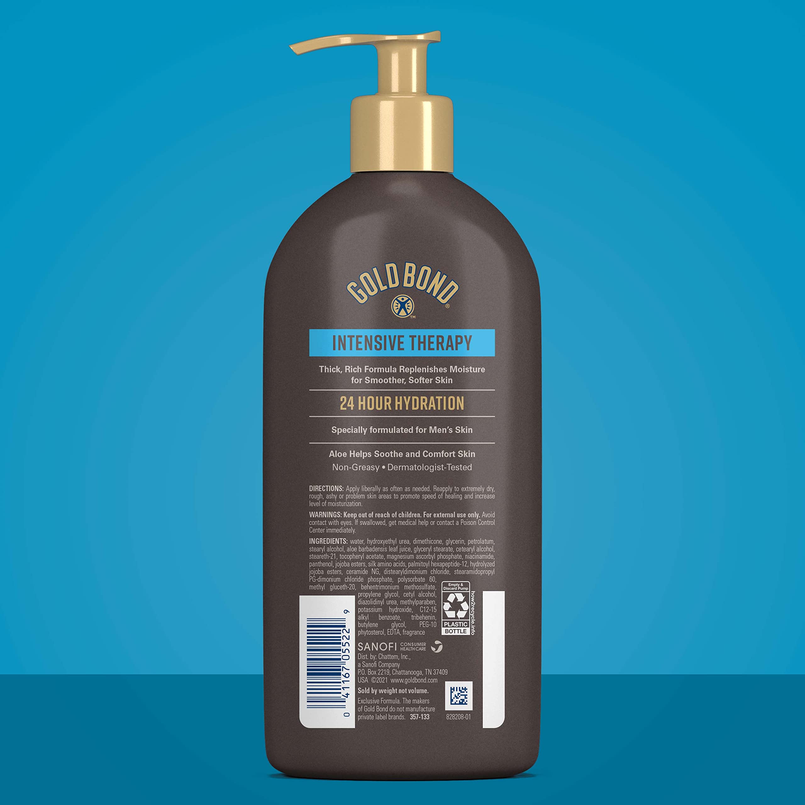 Dermatologist-tested Gold Bond Men’s Essentials Lotion for sensitive extra-dry skin.
