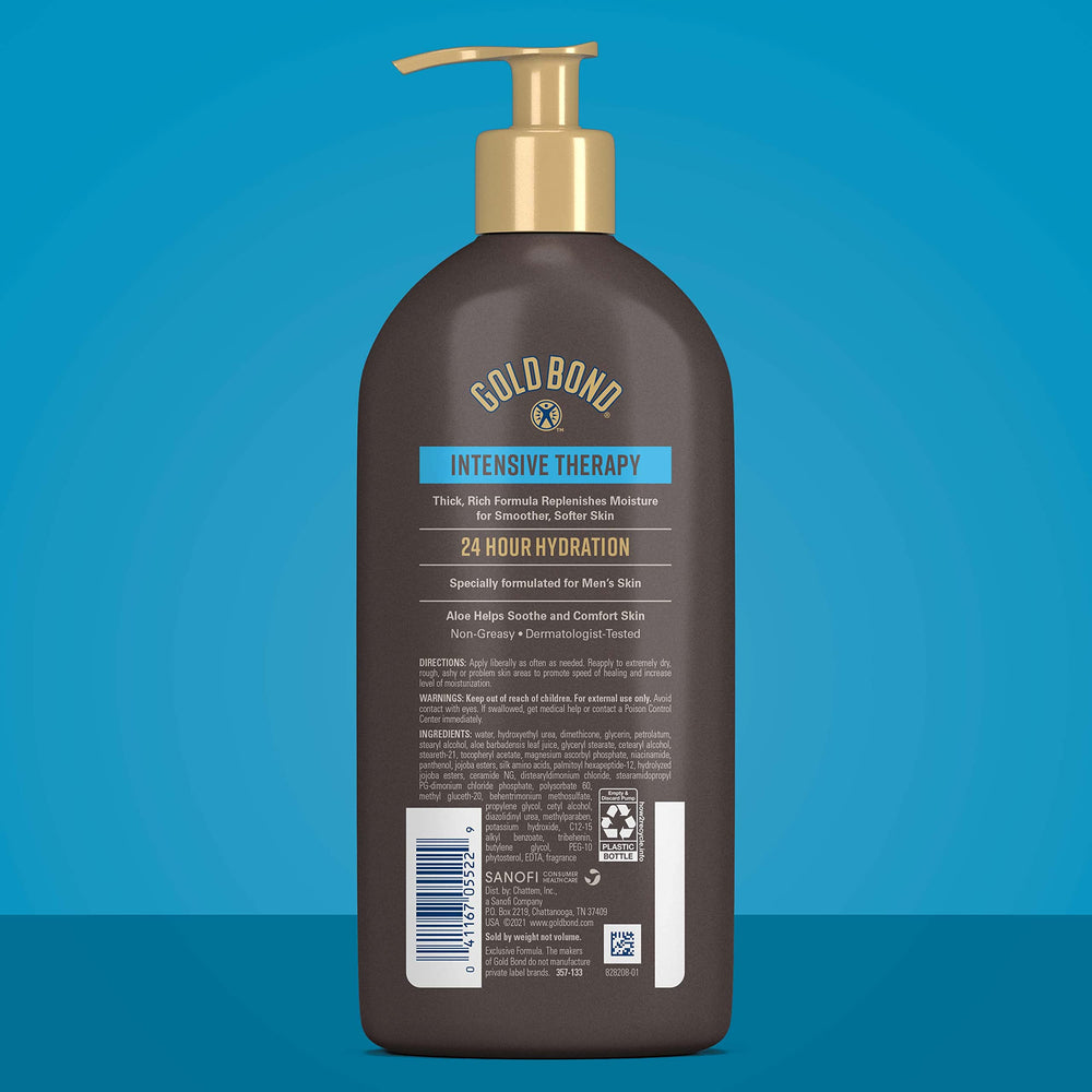 Dermatologist-tested Gold Bond Men’s Essentials Lotion for sensitive extra-dry skin.