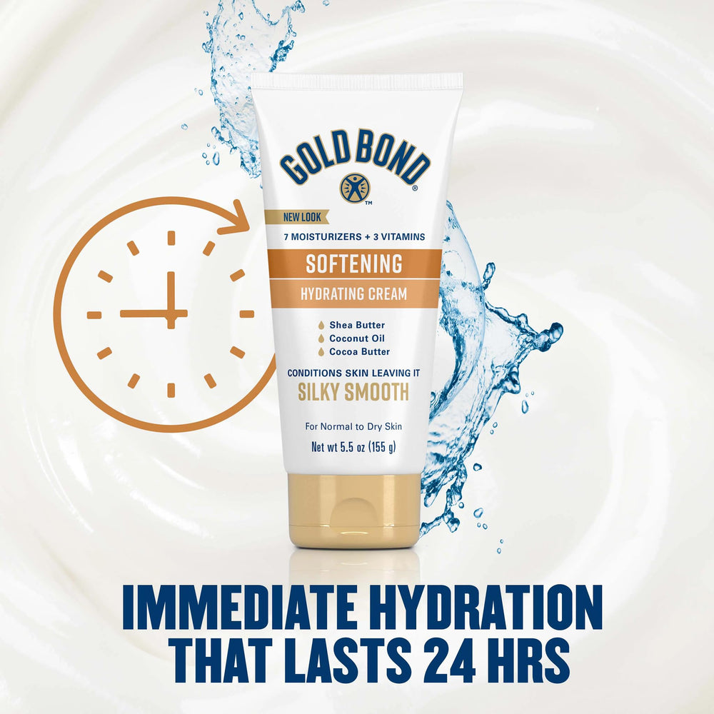 Gold Bond Softening Hydrating Cream label close-up highlights dermatologist-tested, hypoallergenic formula