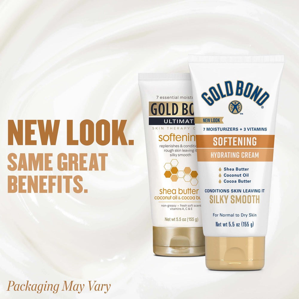 Gold Bond Softening Hydrating Cream texture close-up shows creamy, non-greasy formula