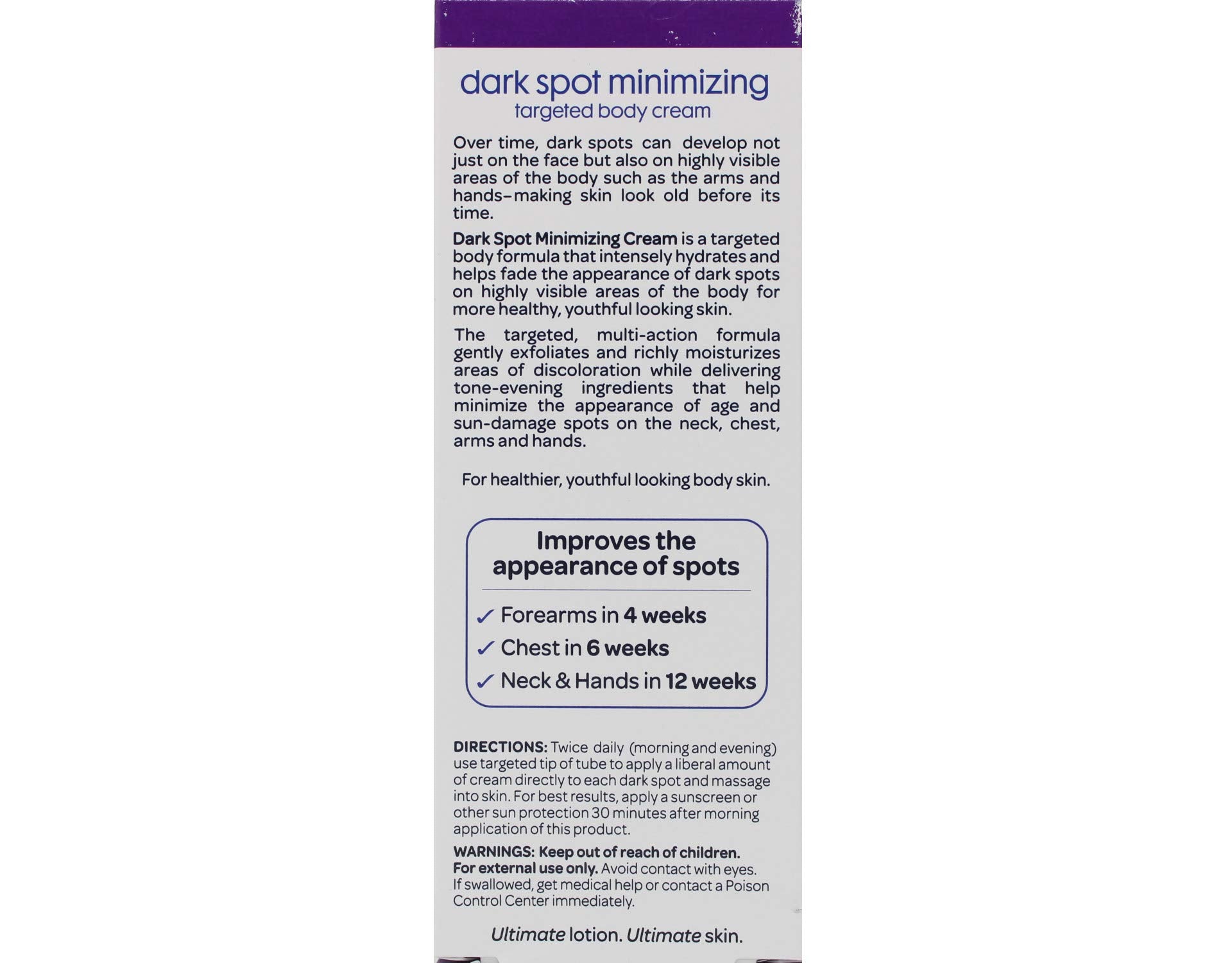 Gold Bond Ultimate Dark Spot Minimizing bottle back view, fragrance-free formula for sensitive skin