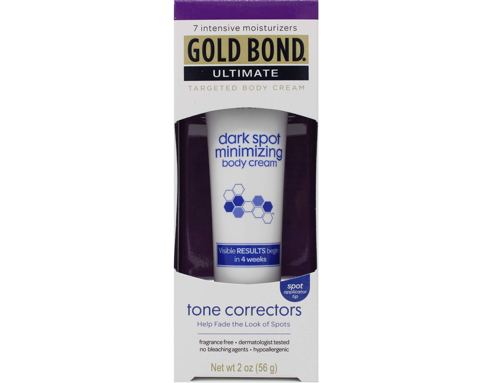 Gold Bond Ultimate Dark Spot Minimizing bottle front view, fragrance-free, fast-absorbing for even tone