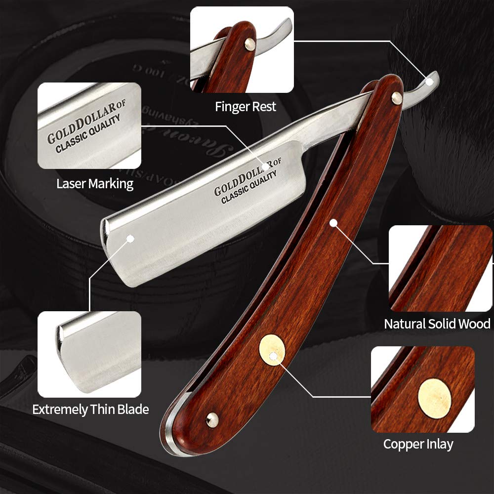 Gold Dollar gift box includes razor, strop, shaving cream, and brush