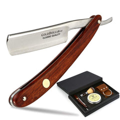 Gold Dollar straight razor with wooden handle front view for classic grooming precision