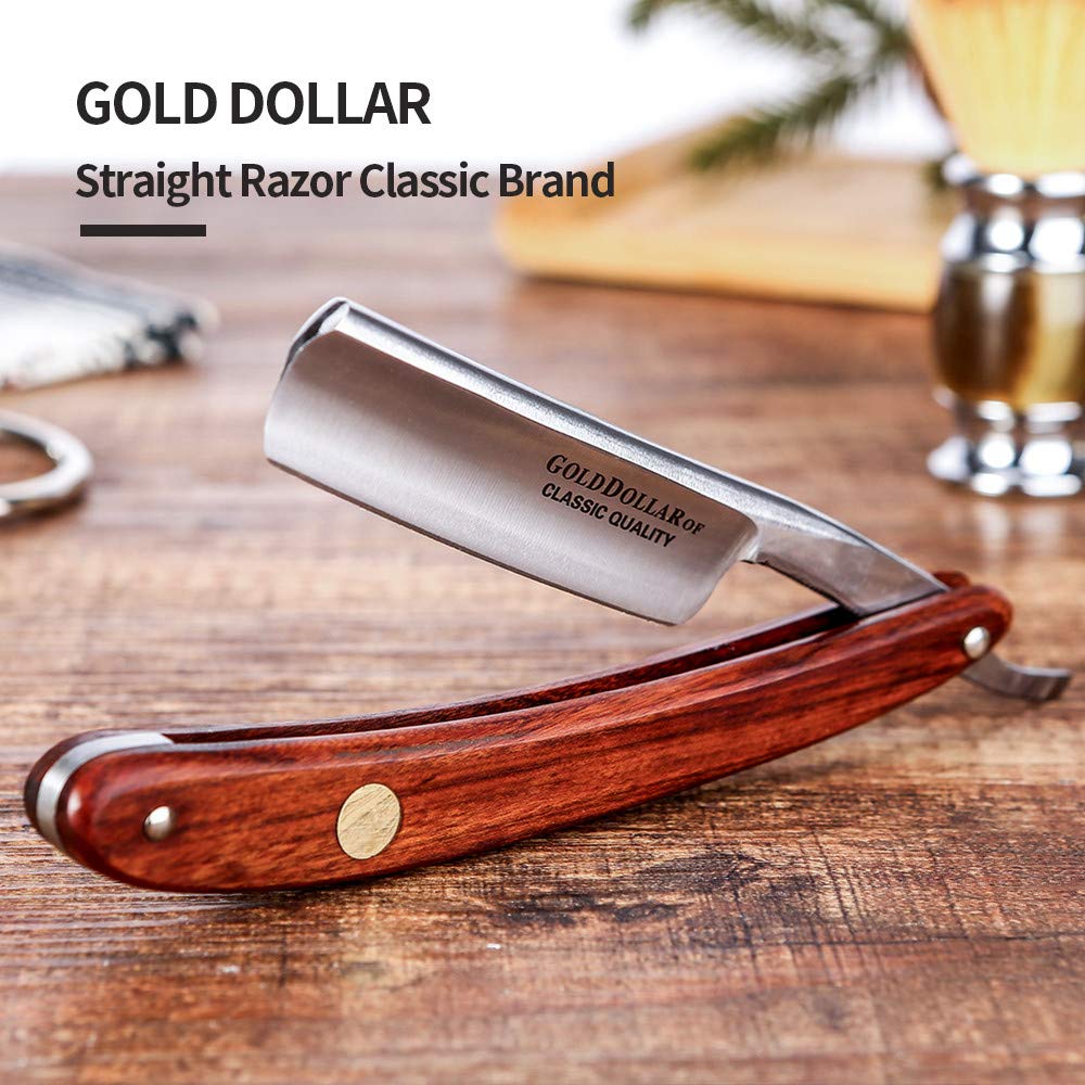 Gold Dollar straight razor with wooden handle side view showing comfortable grip