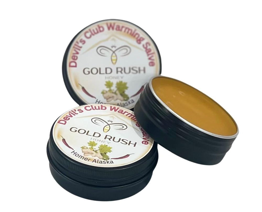 Gold Rush Honey Devil's Club Warming Balm jar for soothing, all-natural relief.