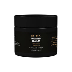 Golden Grooming Beard Balm jar close-up showing nourishing shea butter for beard care.