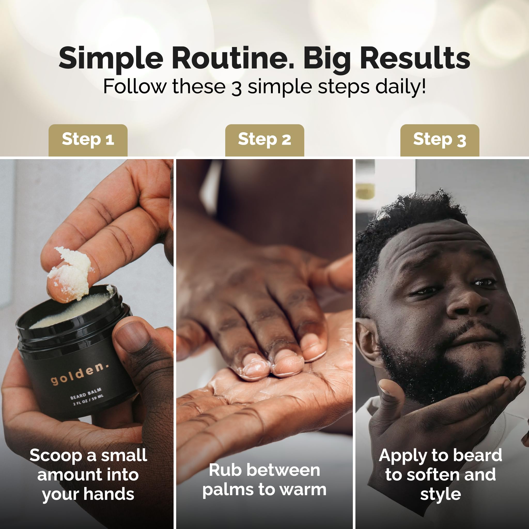 Golden Grooming Beard Balm packaging shows the 4 oz size for daily grooming.