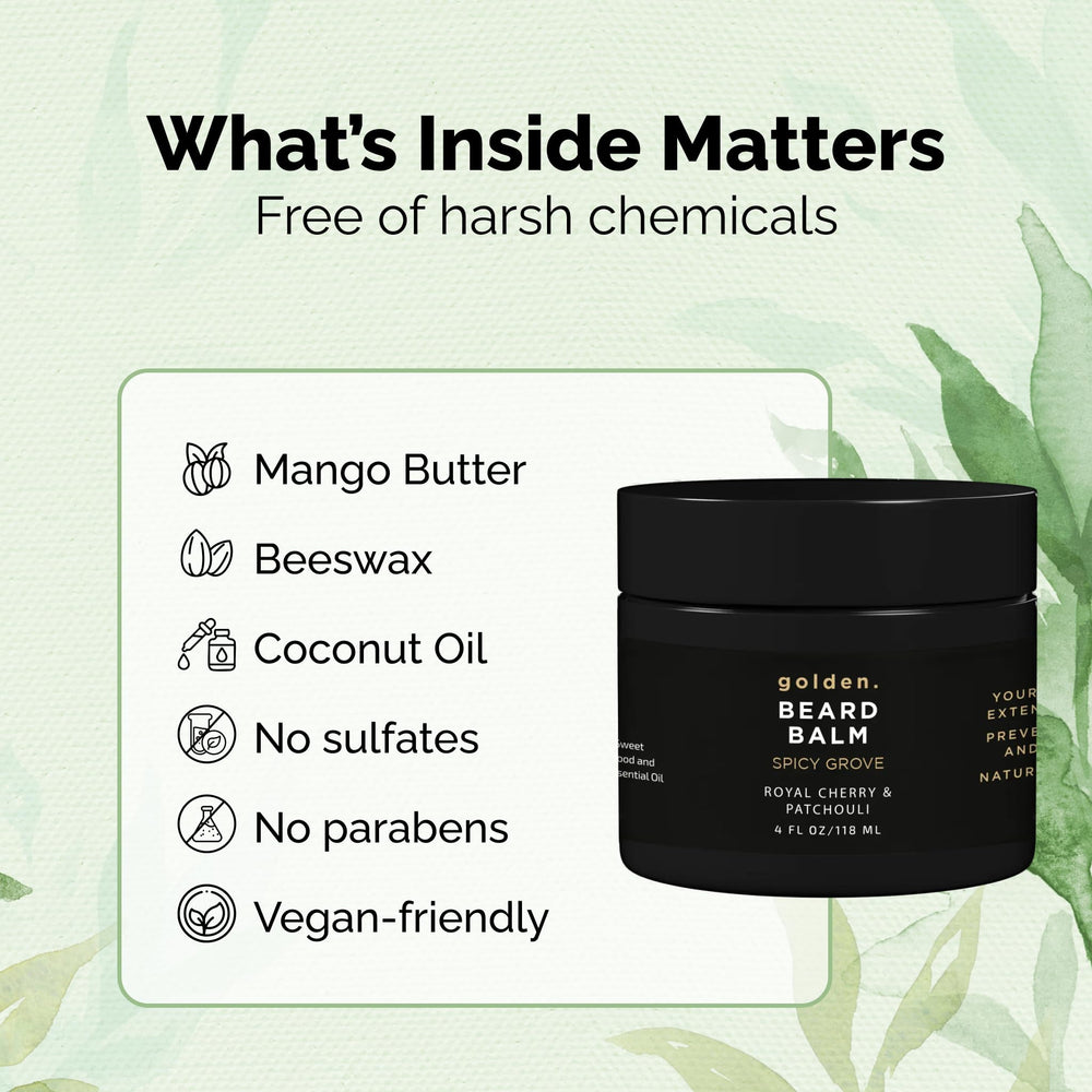 Golden Grooming Beard Balm Spicy Grove closeup ingredients reveals shea butter nourishment.