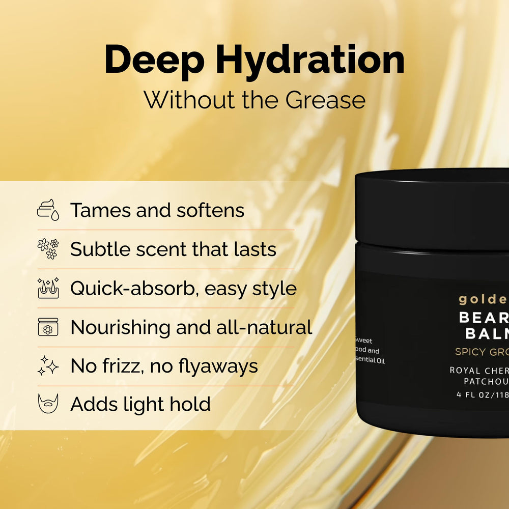 Golden Grooming Beard Balm Spicy Grove label highlights natural ingredients for daily use.