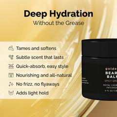 Golden Grooming Beard Balm Spicy Grove label highlights natural ingredients for daily use.
