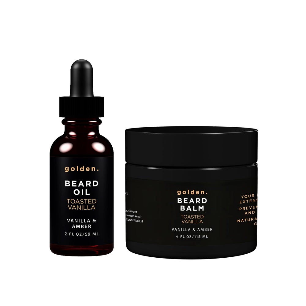 Golden Grooming Beard Bundle bottle with toasted vanilla scent for daily conditioning.