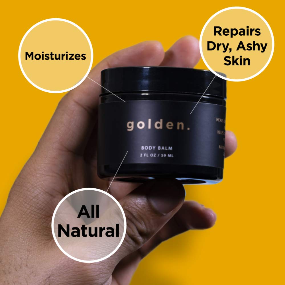 Golden Grooming Co. body balm texture close-up shows smooth, fast-absorbing formula.