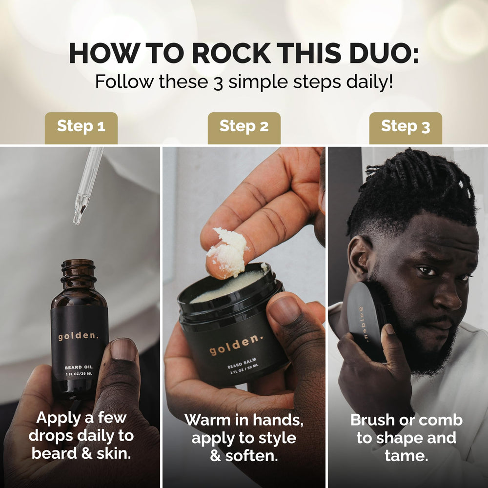Golden Grooming man applying beard oil for a smooth, well-groomed look.