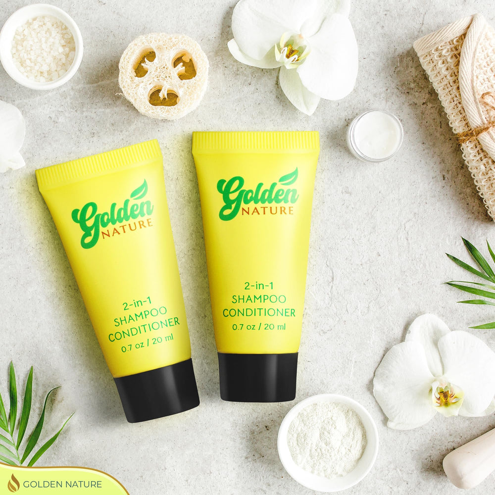 Golden Nature bulk hotel toiletries setup ready for guest welcome kits.