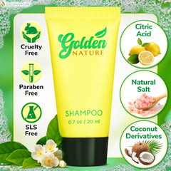 Golden Nature cruelty-free shampoo packaging in guest room display