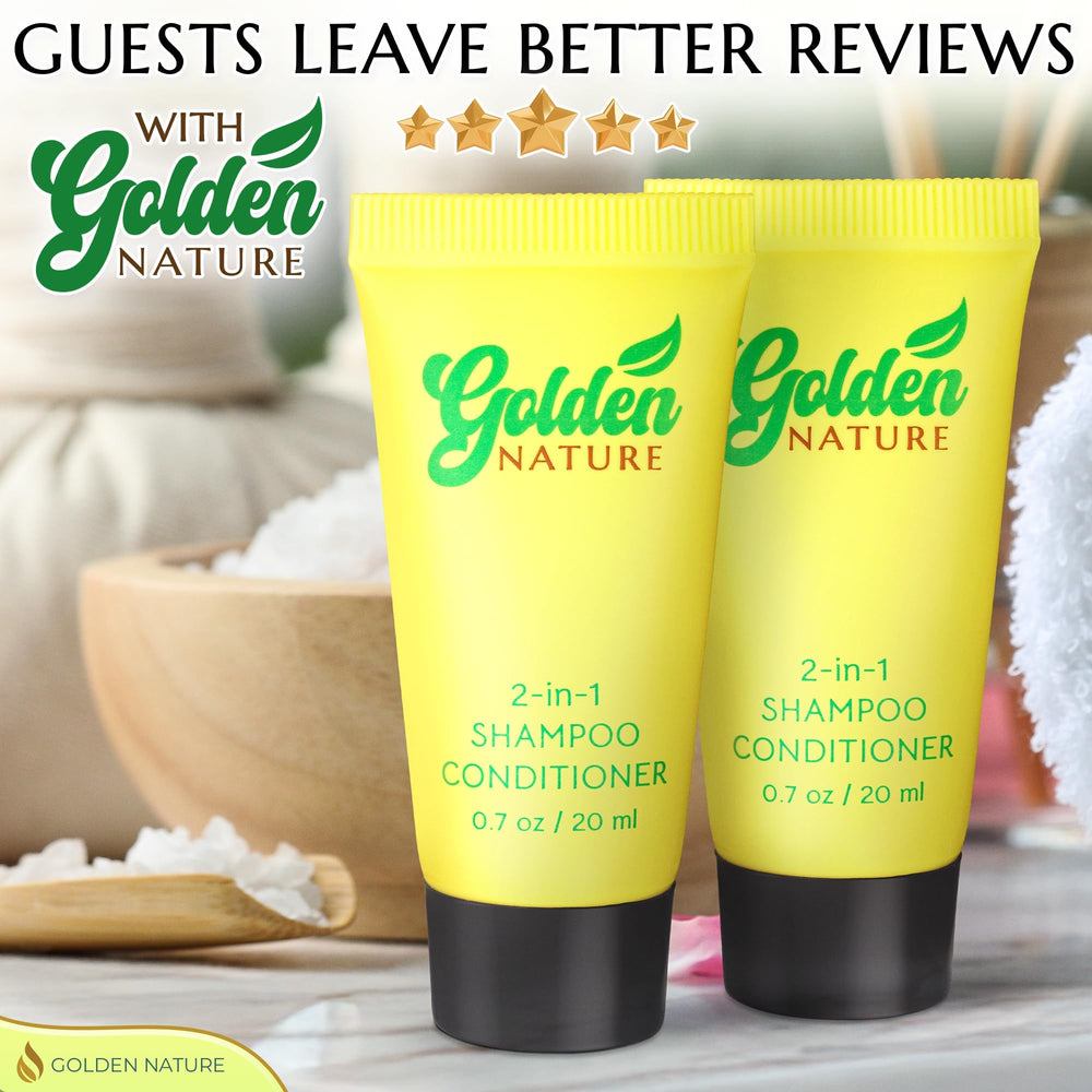 Golden Nature gym bag essentials featuring travel-friendly 2-in-1 shampoo and conditioner.