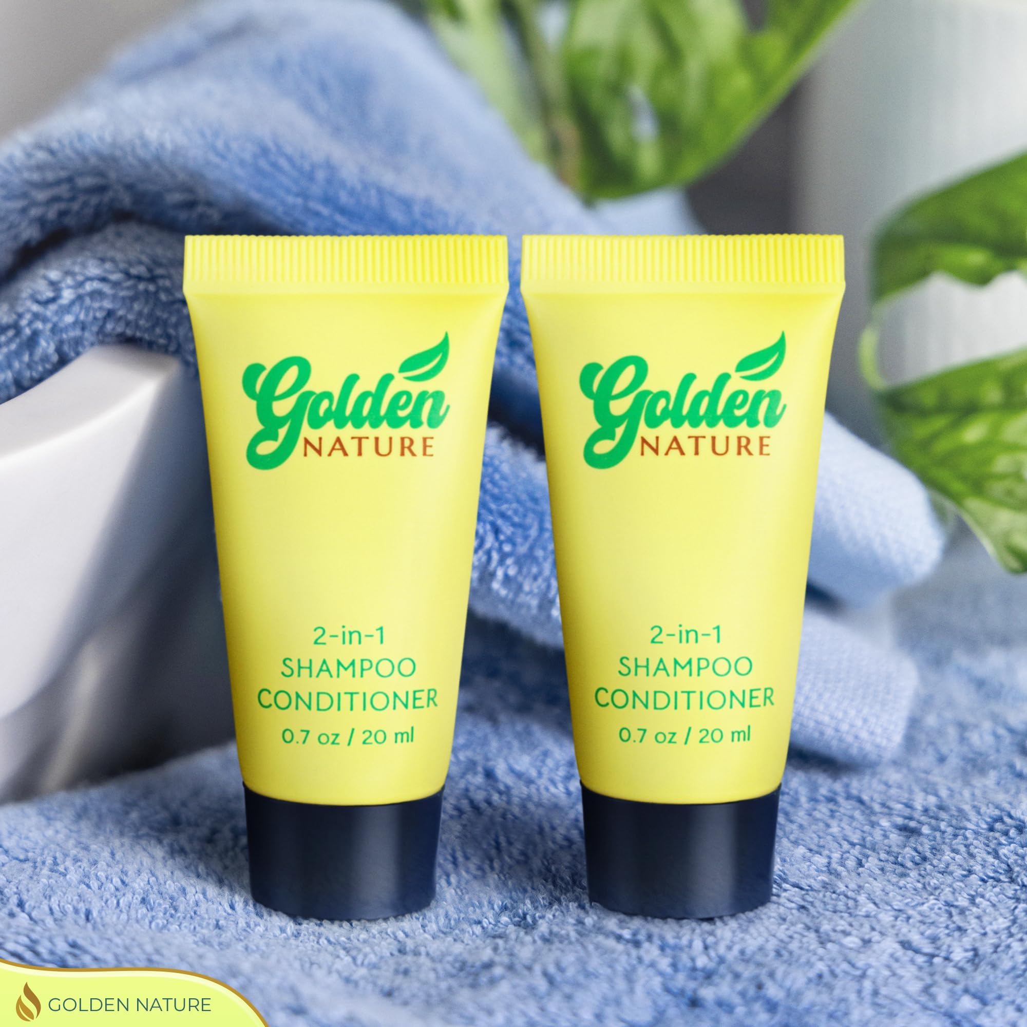 Golden Nature hotel bathroom scene showcasing premium guest toiletries.