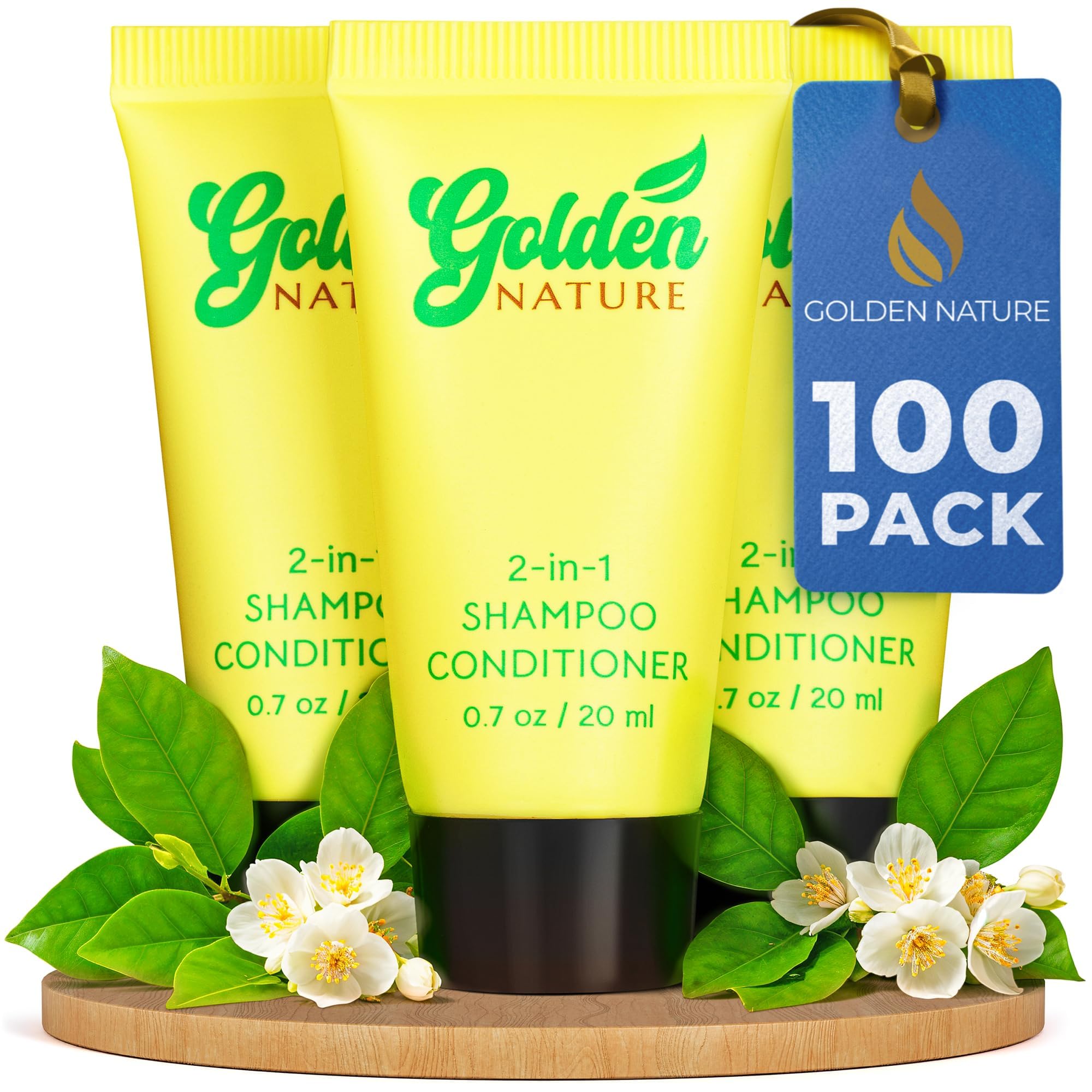 Golden Nature travel-size 2-in-1 jasmine shampoo and conditioner bottle for guest rooms.