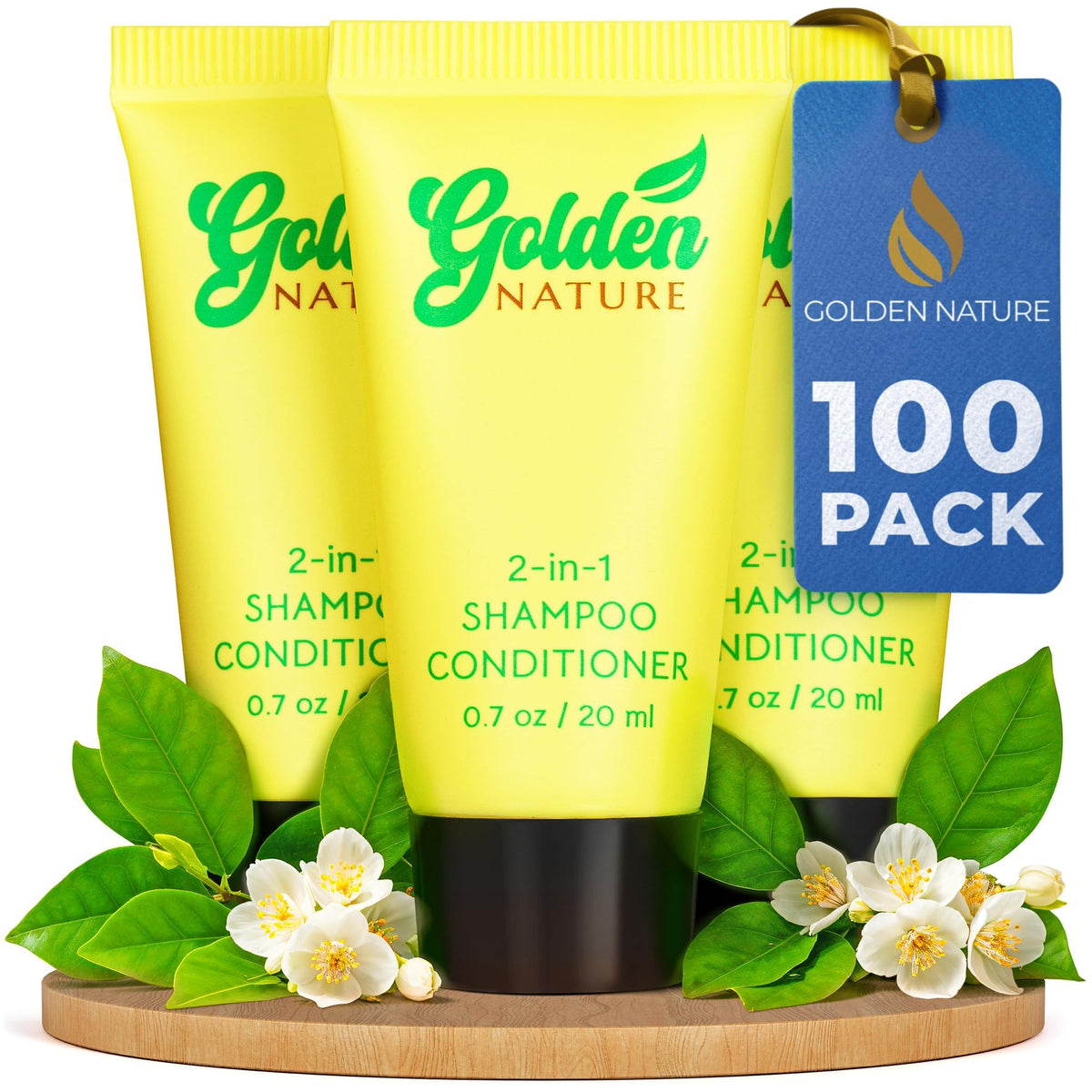 Golden Nature travel-size 2-in-1 jasmine shampoo and conditioner bottle for guest rooms.