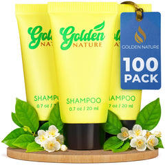 Golden Nature jasmine shampoo bottle close-up for hotel guests' refreshing routine