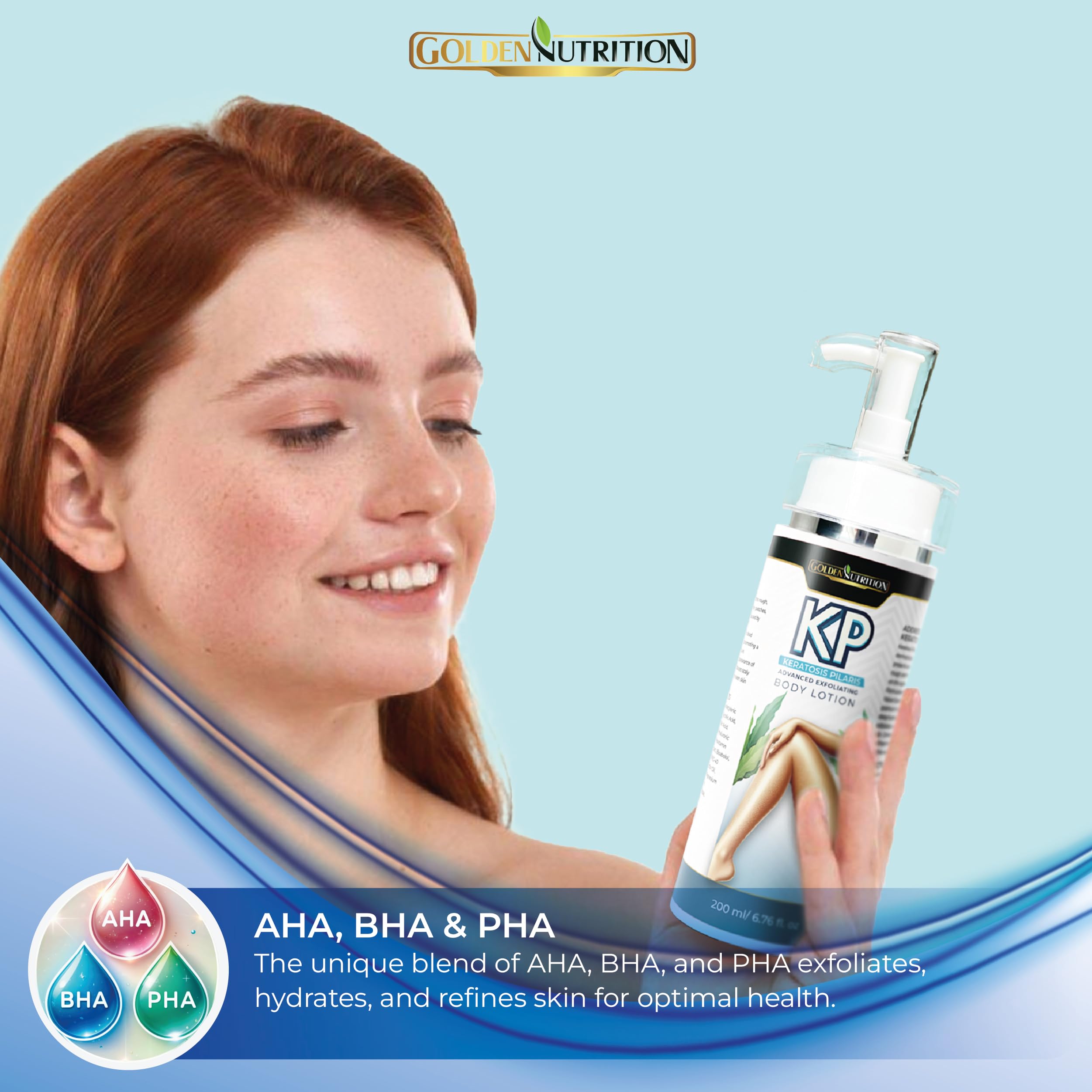 Golden Nutrition KP Lotion applied to the arm for smoother, hydrated skin