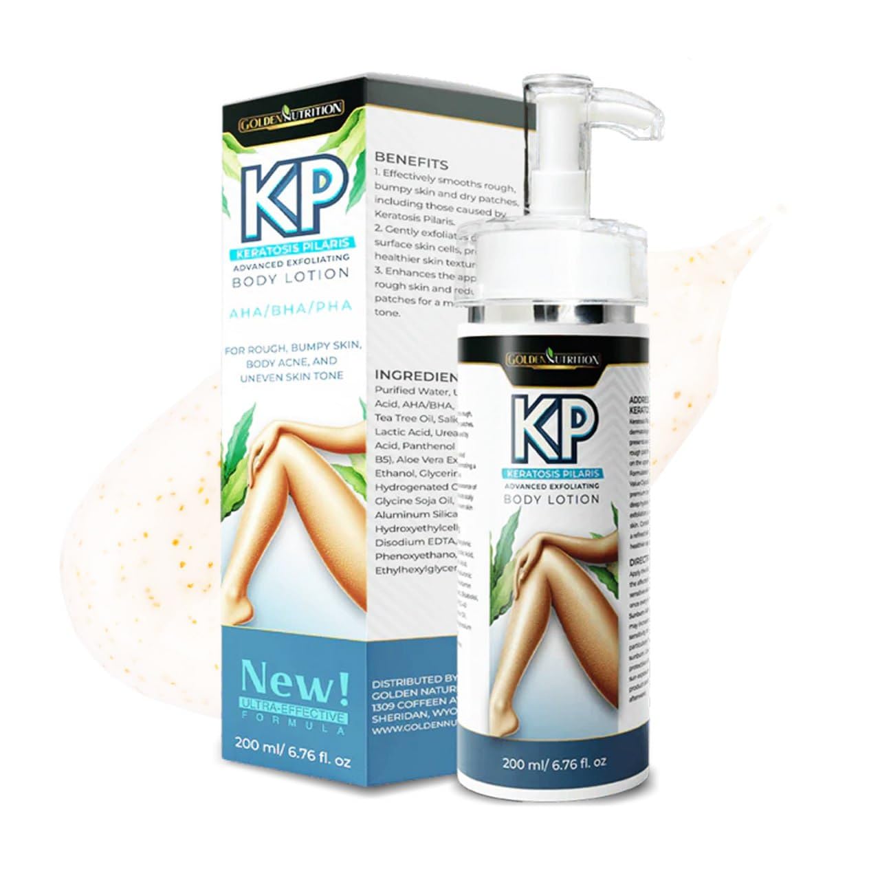Golden Nutrition KP Lotion bottle shows a lightweight, hydrating formula for smoother skin