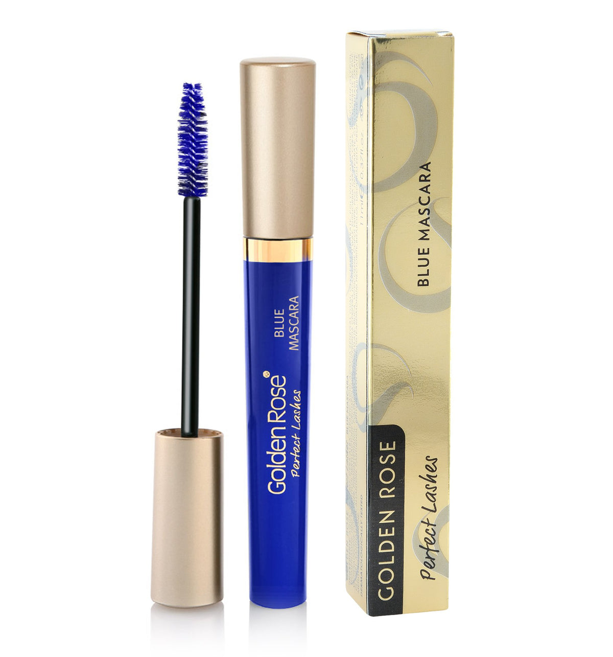 Golden Rose Perfect Lashes Mascara blue bottle showcases fast-drying formula and bold color.